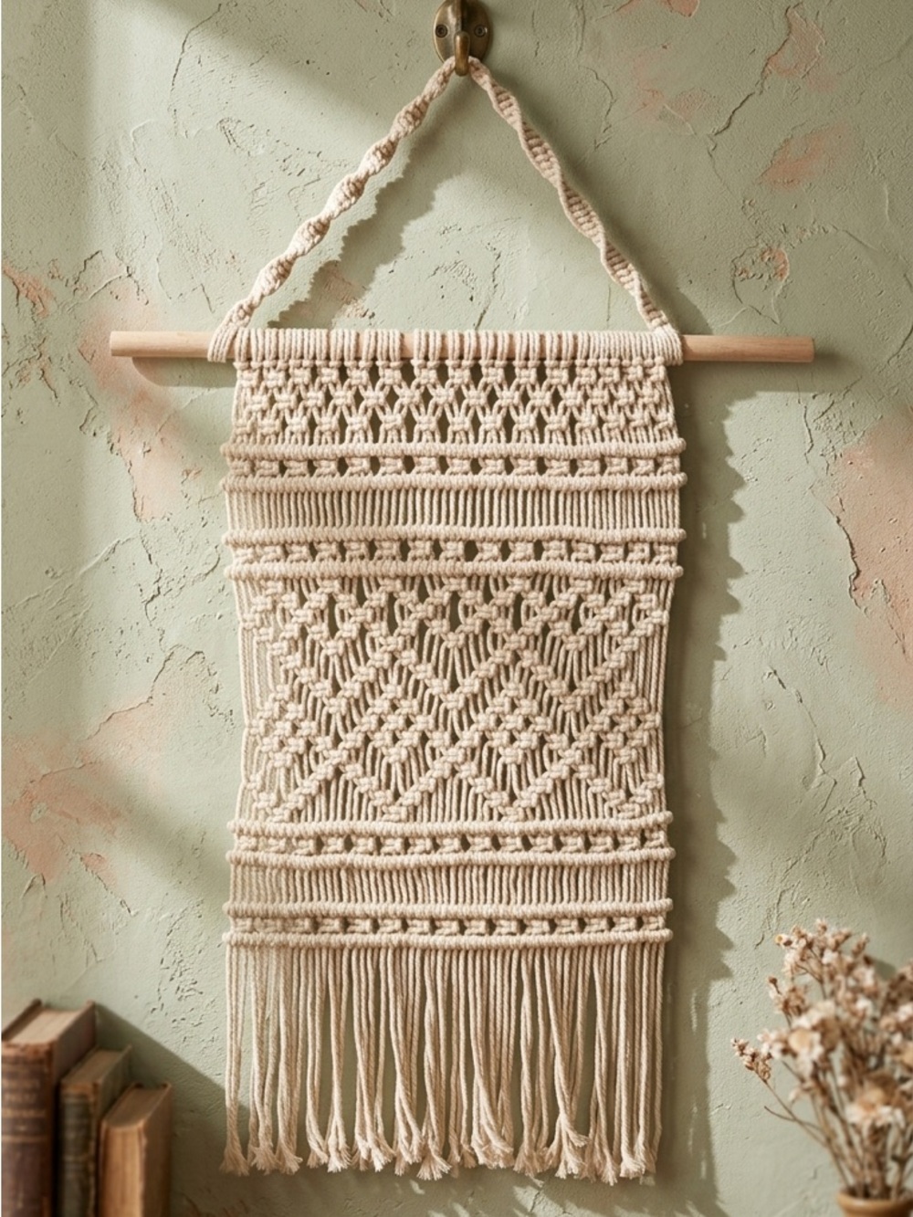 Large Macrame Wall Hanging -7 of Hearts - Boho Chic Cream Woven Tapestry Decor-